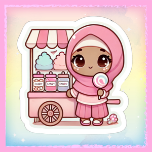 🍬🧕 "Petite vendeuse de bonbons" – Le sticker qui fait fondre avec douceur et rose sucré 🌸🍭